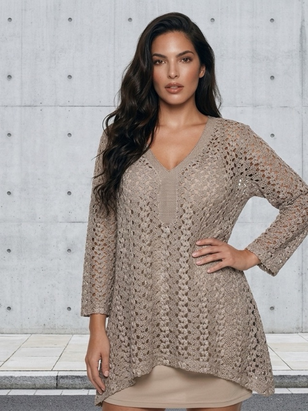Picadilly Fashion Taupe Crochet V-Neck Tunic